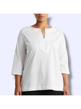 LAUREN RALPH LAUREN 100% Cotton White Split Crew Neck Blouse 3/4 Sleeves Sz 3X